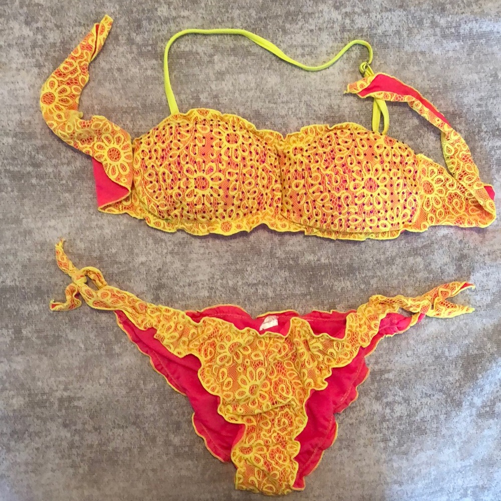 Yellow Rhinestone Lace Overlay with Pink Lining Bikini Set Sz Med